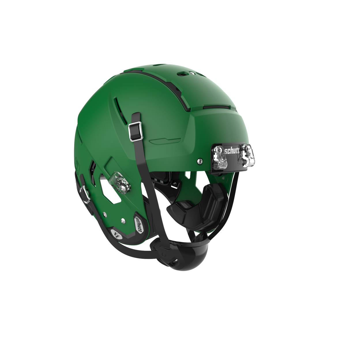 SCHUTT F7 2.0 Collegiate football helmet in matte kelly green without facemask, featuring black chinstrap and interior padding, shown on a white background.