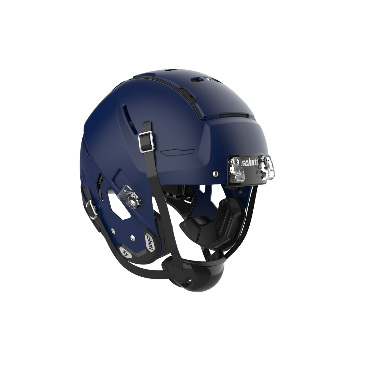 SCHUTT F7 2.0 Collegiate football helmet in matte navy without facemask, featuring black chinstrap and interior padding, shown on a white background.