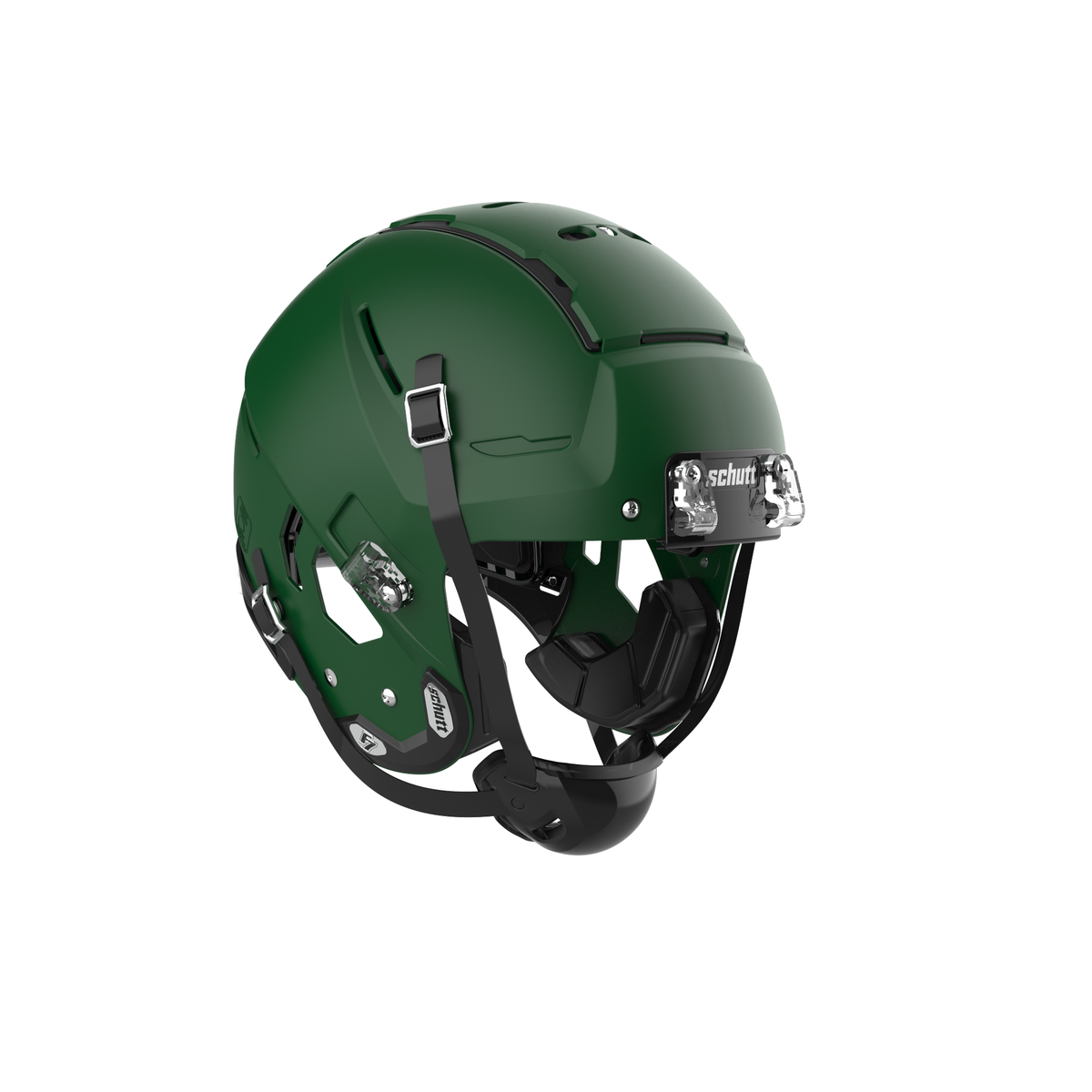 SCHUTT F7 2.0 Collegiate football helmet in matte dark green without facemask, featuring black chinstrap and interior padding, shown on a white background.