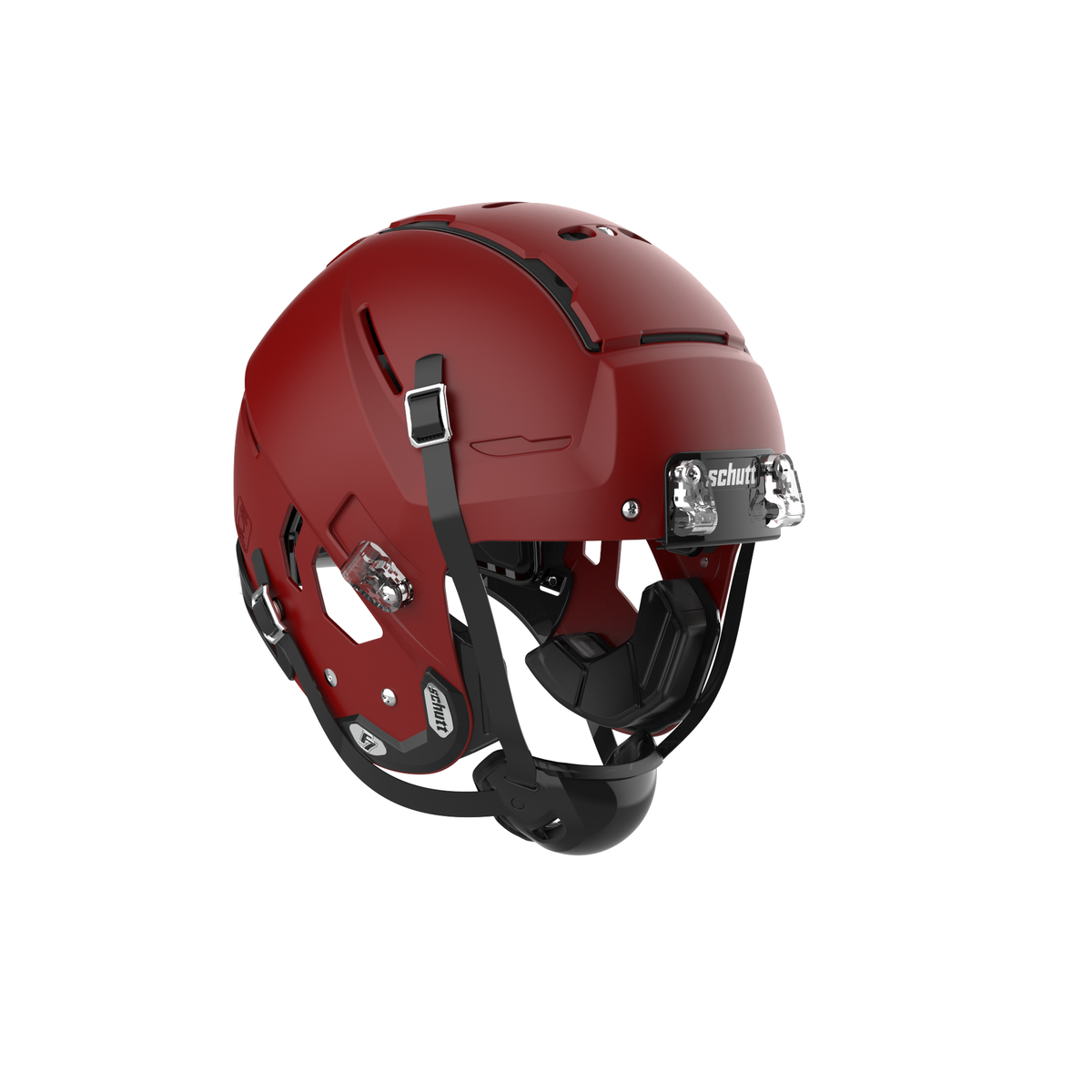 SCHUTT F7 2.0 Collegiate football helmet in matte cardinal without facemask, featuring black chinstrap and interior padding, shown on a white background.