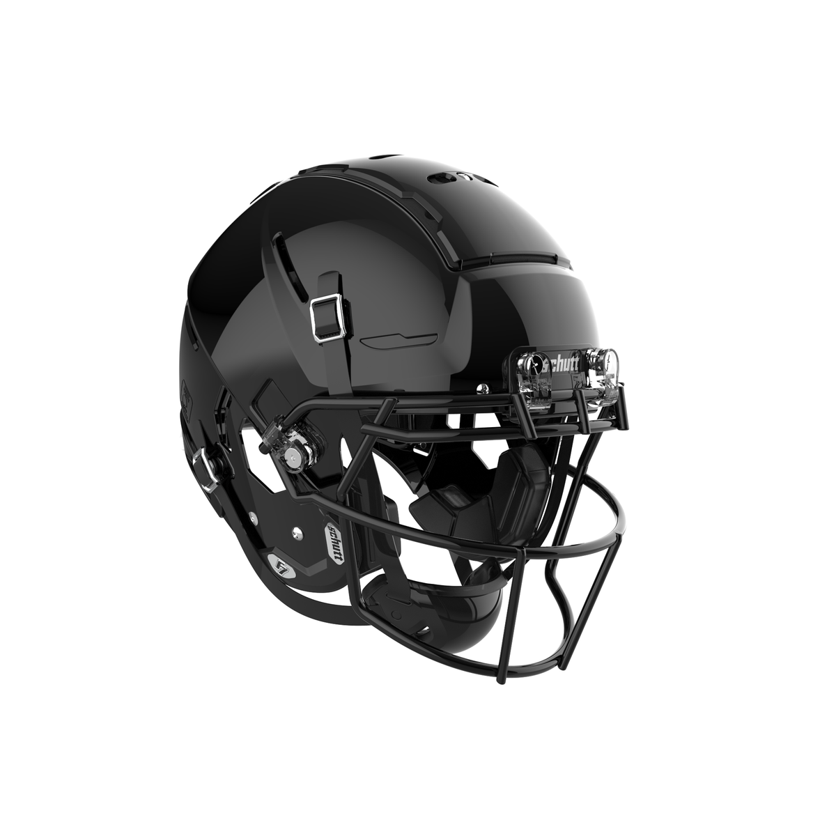SCHUTT F7 2.0 Professional football helmet in molded gloss black with black facemask and black interior padding, displayed on a white background.