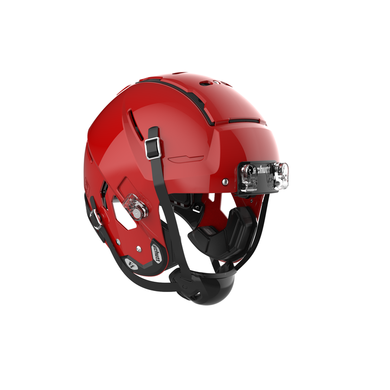 SCHUTT F7 2.0 Professional football helmet in molded gloss scarlet without facemask, featuring black chinstrap and interior padding, displayed on a white background.
