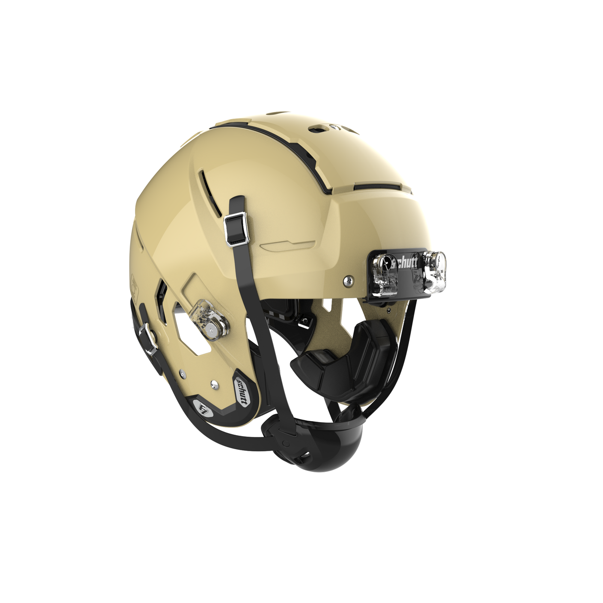 SCHUTT F7 2.0 Professional football helmet in metallic vegas gold without facemask, featuring black chinstrap and interior padding, displayed on a white background.