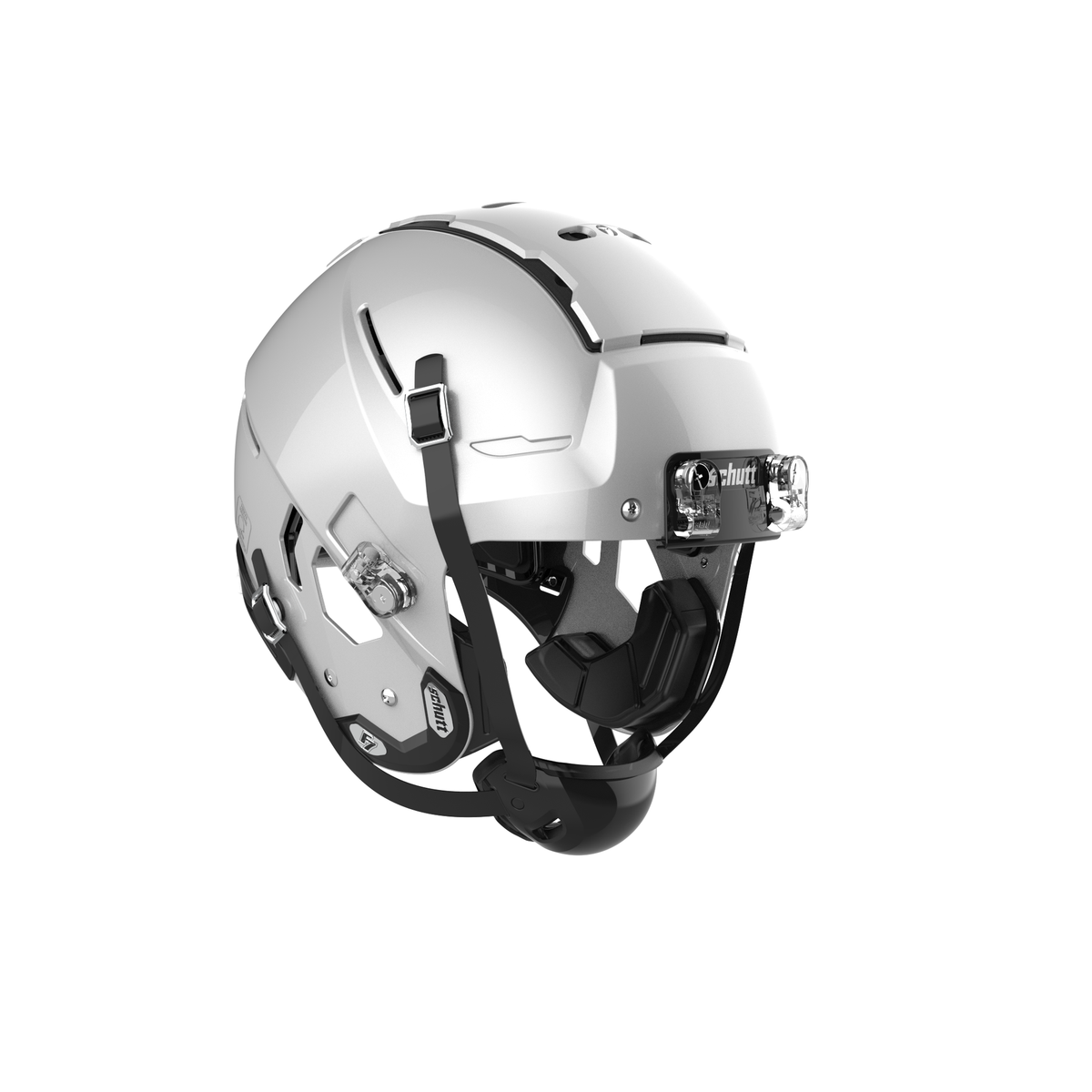 SCHUTT F7 2.0 Professional football helmet in metallic silver without facemask, featuring black chinstrap and interior padding, displayed on a white background.