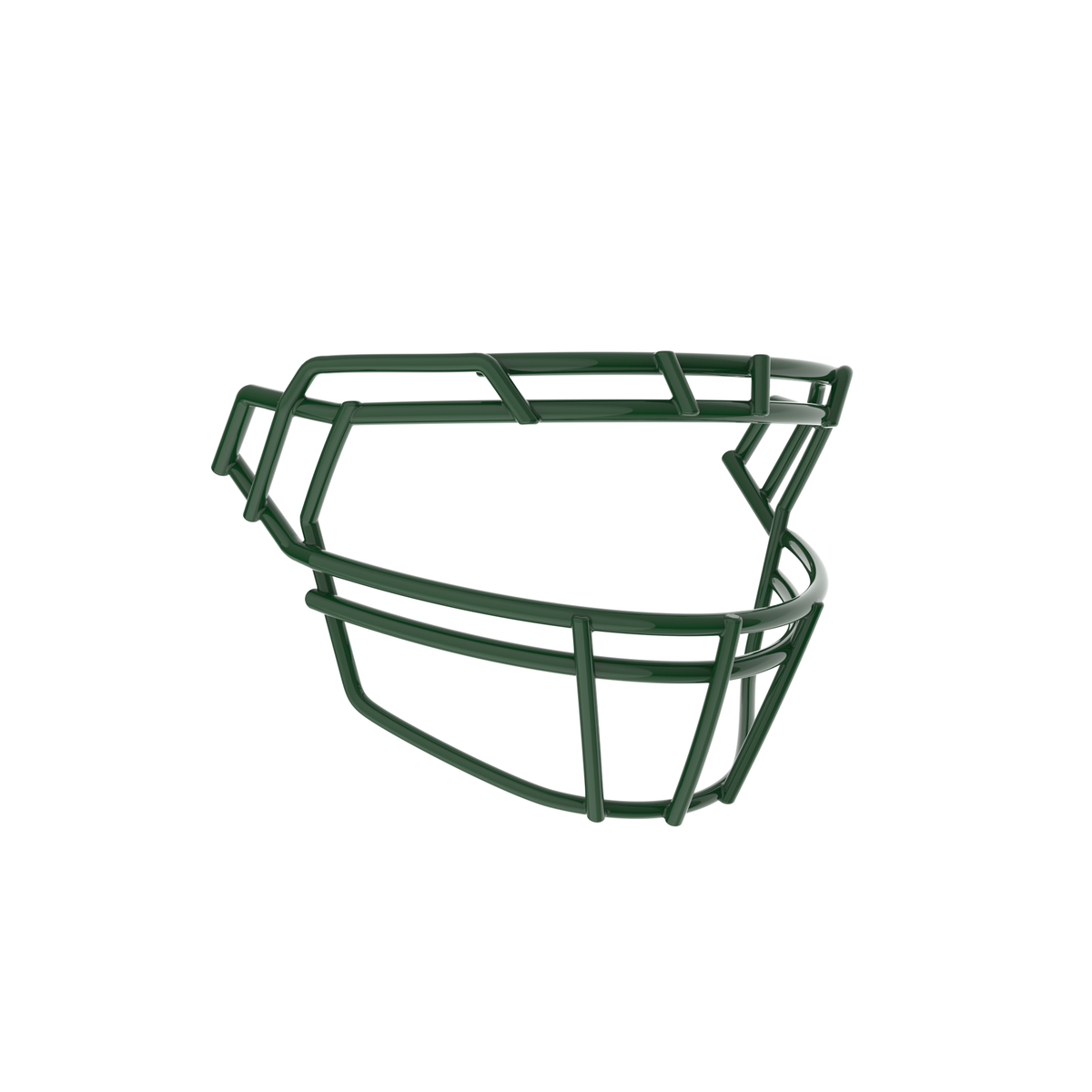SCHUTT F7PRO-ROPO-DW-O football facemask in dark green with dual brow bars and extended lower guard, displayed on a white background.