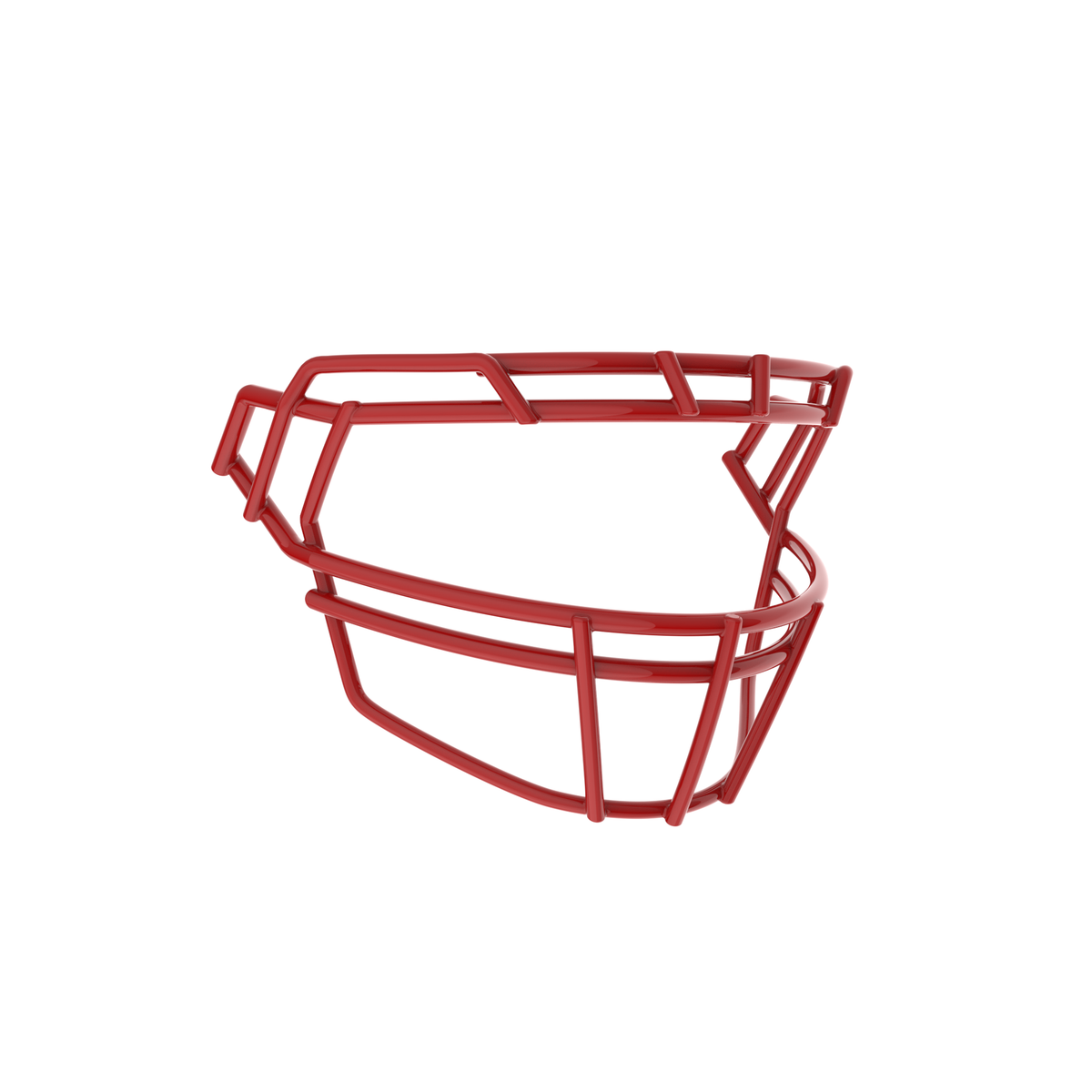 SCHUTT F7PRO-ROPO-DW-O football facemask in scarlet with dual brow bars and extended lower guard, displayed on a white background.