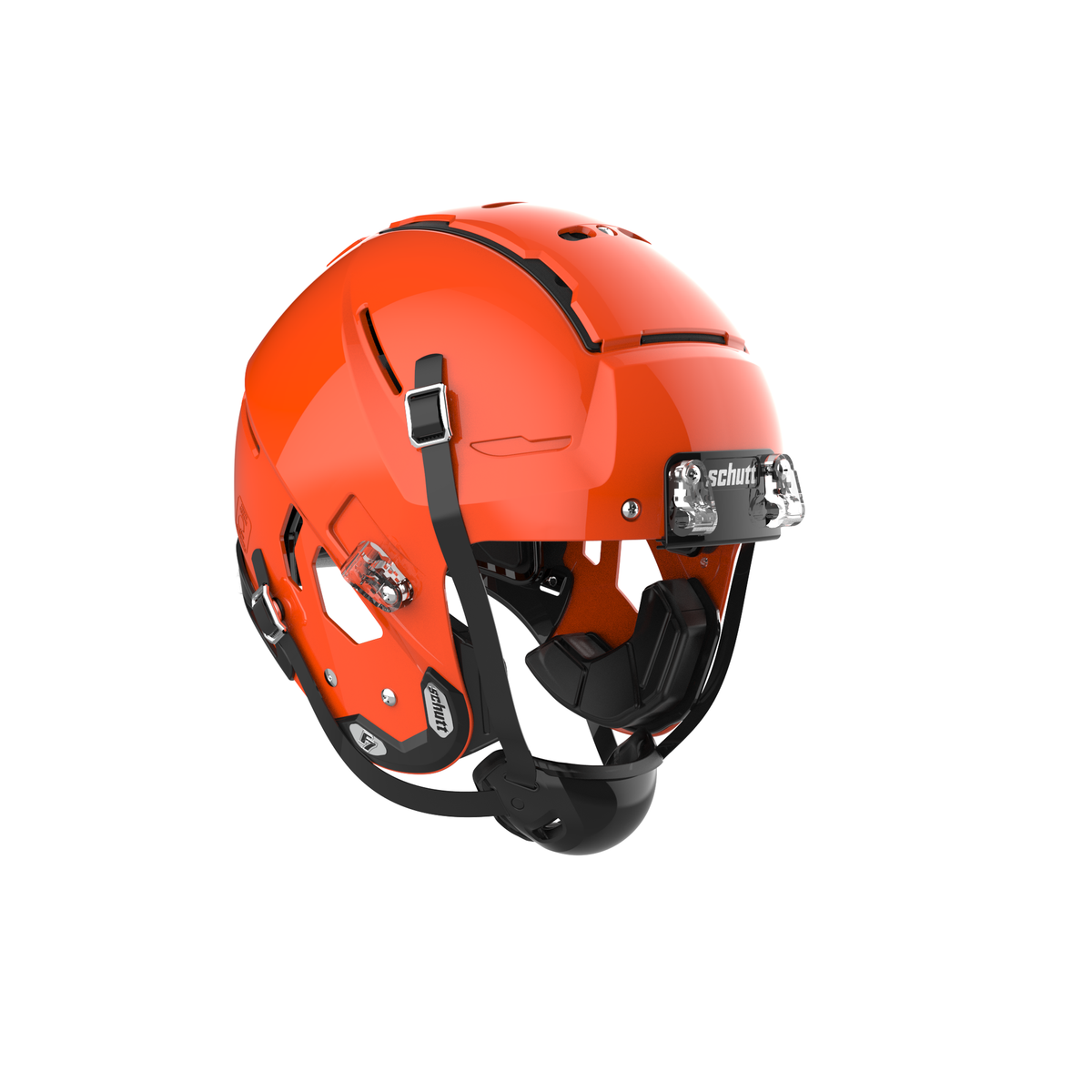 SCHUTT F7 VTD Collegiate football helmet in gloss orange without facemask, featuring black chinstrap, interior padding, and front bumper detail, shown on a white background.