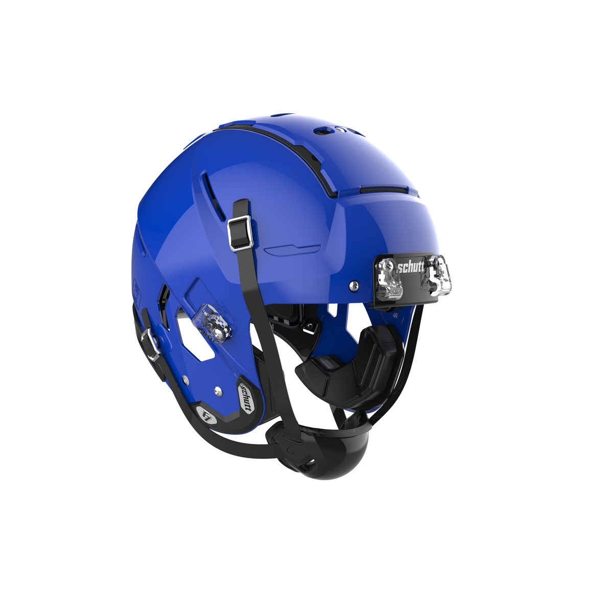 SCHUTT F7 VTD Collegiate football helmet in gloss royal blue without facemask, featuring black chinstrap, interior padding, and front bumper detail, shown on a white background.