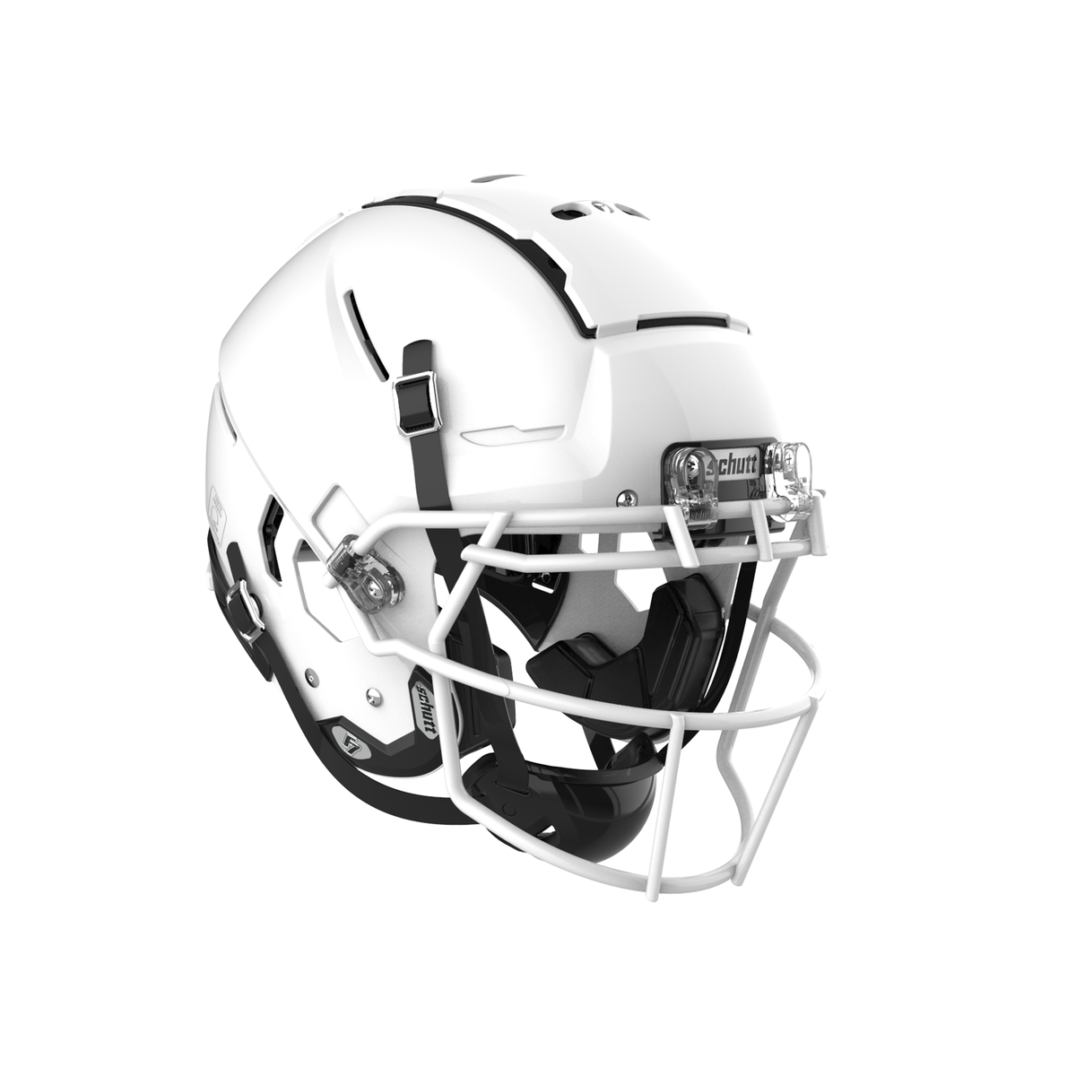 SCHUTT F7 2.0 Collegiate football helmet in molded gloss white with white facemask and black interior padding, shown on a white background.