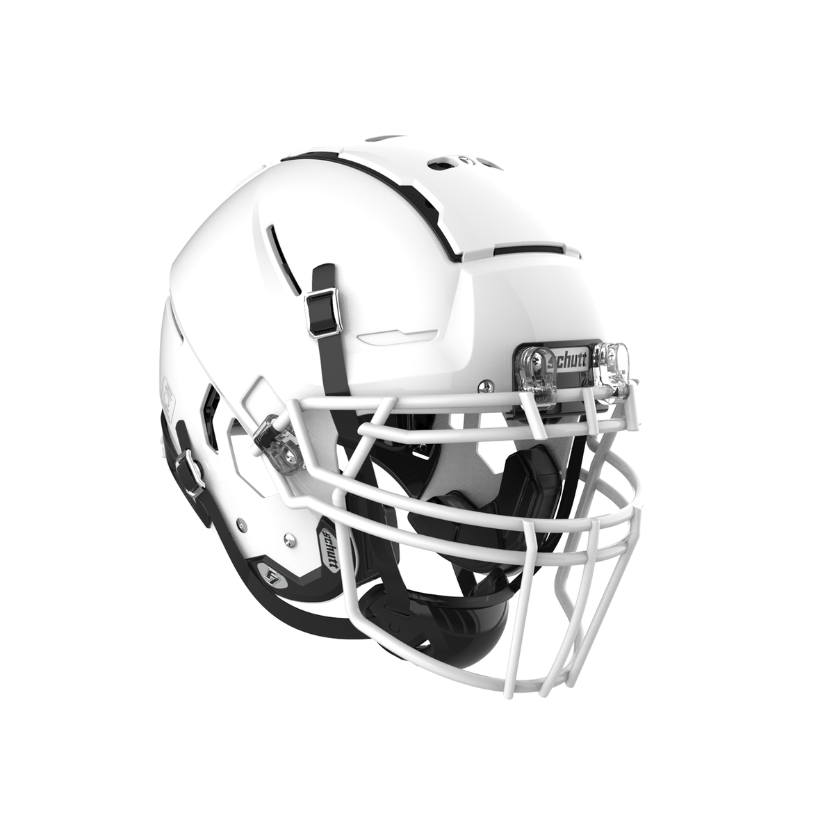 SCHUTT F7 2.0 Collegiate football helmet in molded gloss white with white facemask and black interior padding, shown on a white background.