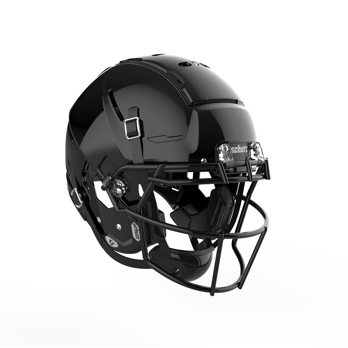 SCHUTT F7 2.0 Collegiate football helmet in molded gloss black with black facemask and black interior padding, shown on a white background.