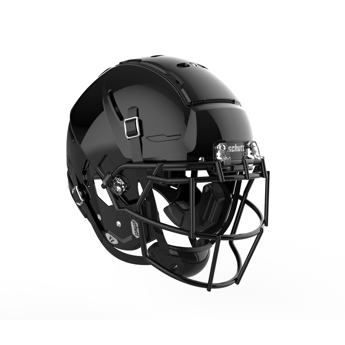 SCHUTT F7 2.0 Collegiate football helmet in molded gloss black with black facemask and black interior padding, shown on a white background.