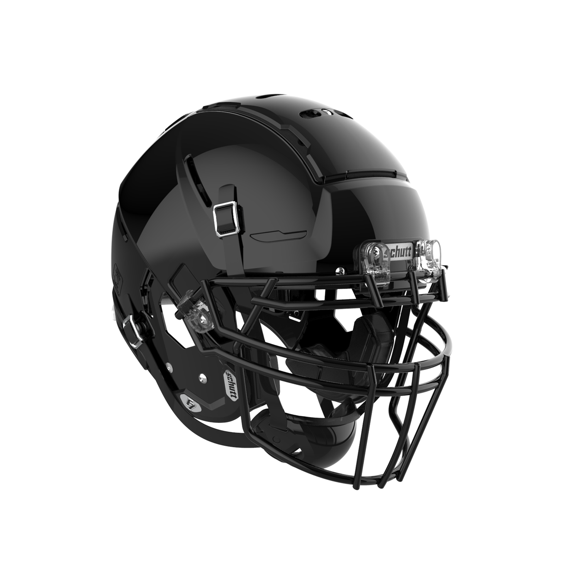 SCHUTT F7 2.0 Collegiate football helmet in molded gloss black with black facemask and black interior padding, shown on a white background.