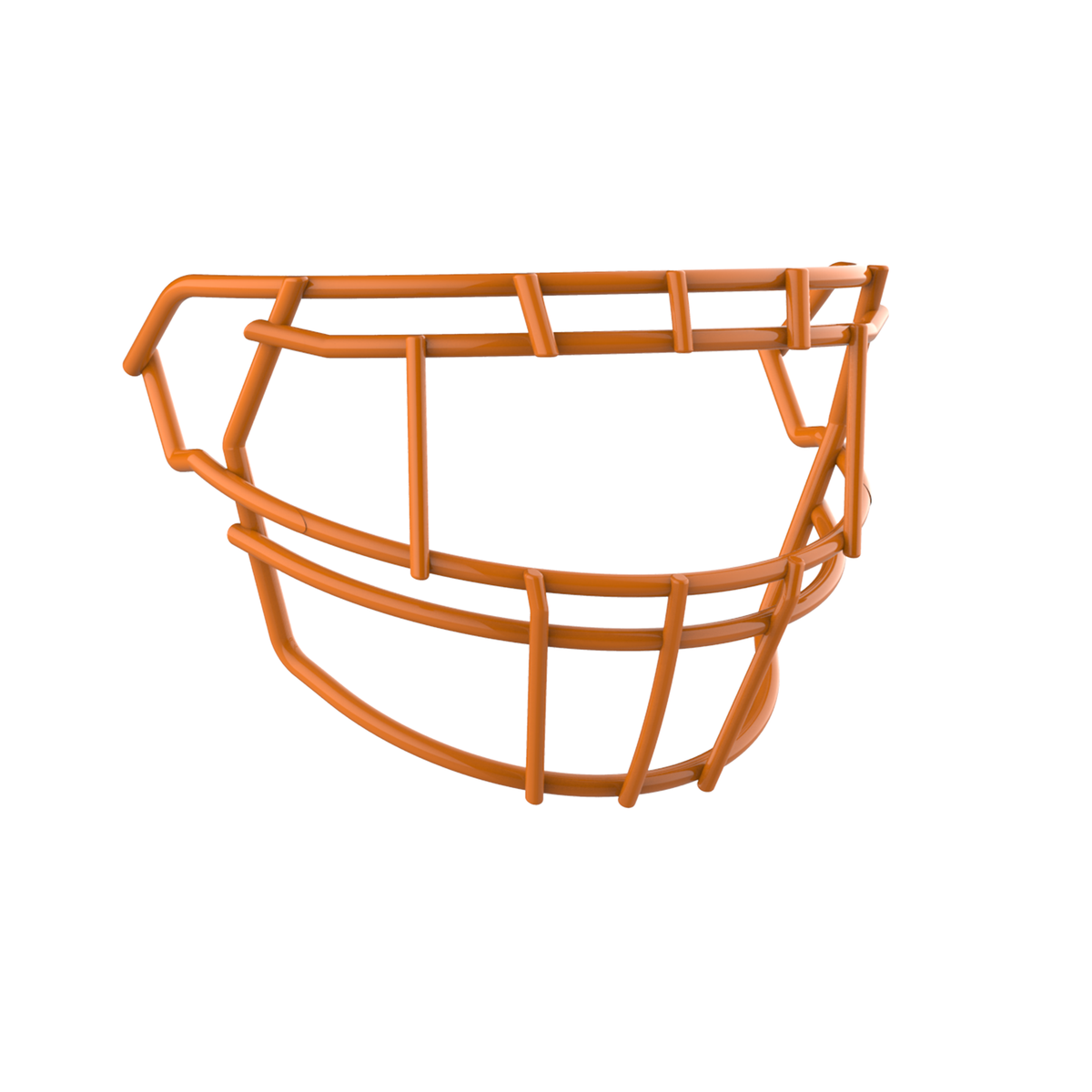 SCHUTT F7 EGOP II-DW-NB-VC football facemask in orange with extended lower bar design, displayed on a white background.