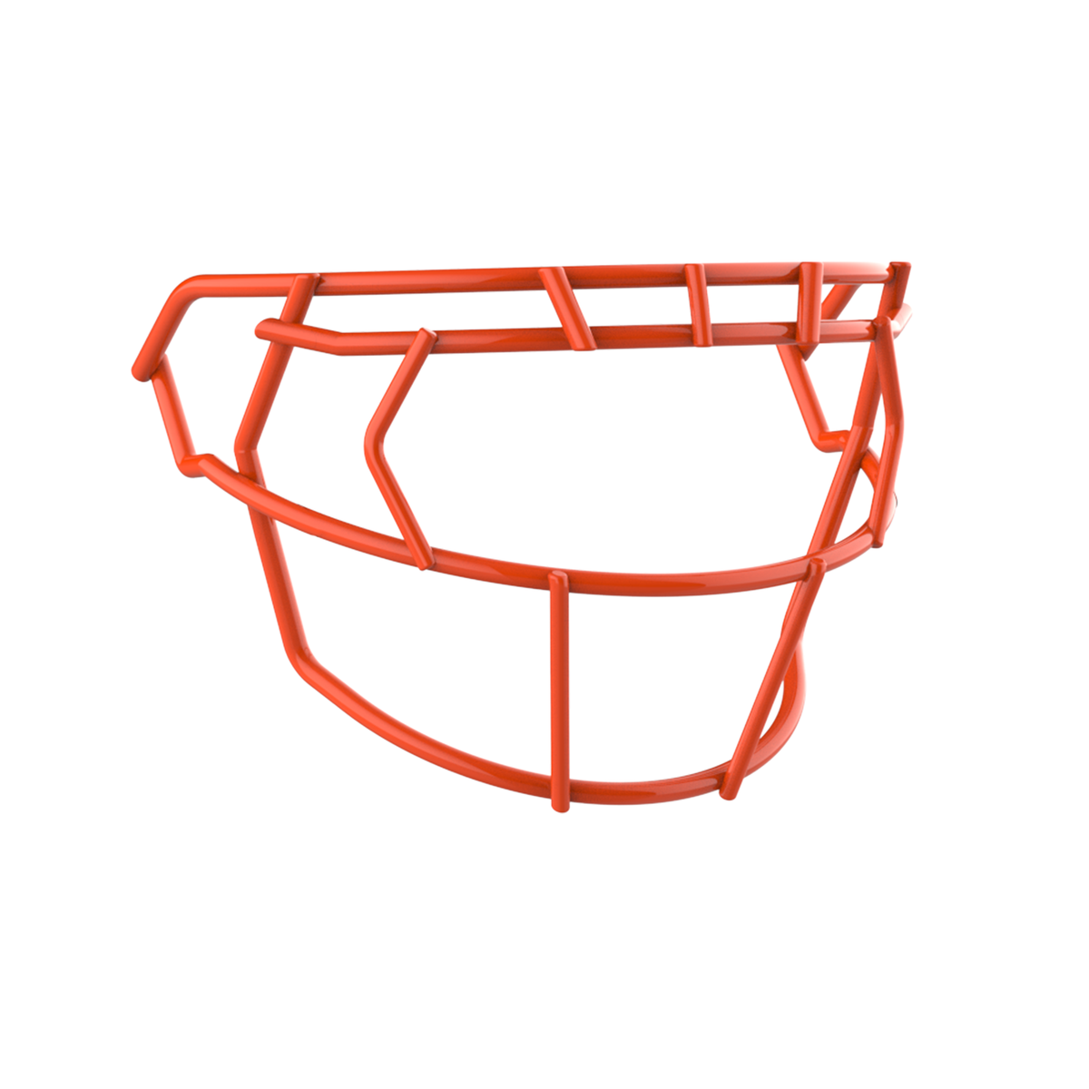 SCHUTT F7 EGOP III-NB-VC football facemask in orange with reinforced upper and lower bar configuration, shown on a white background.