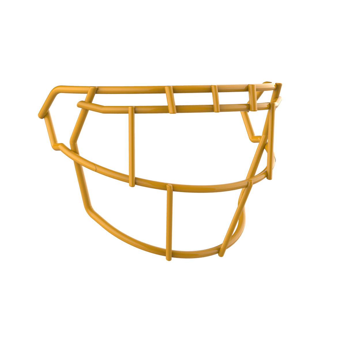 SCHUTT F7 EGOP-NB-VC football facemask in gold with single brow bar and extended lower guard design, displayed on a white background.