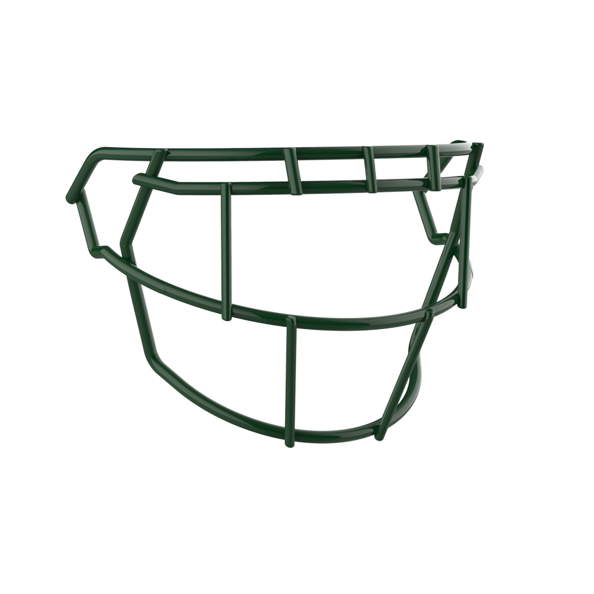 SCHUTT F7 EGOP-NB-VC football facemask in dark green with single brow bar and extended lower guard design, displayed on a white background.