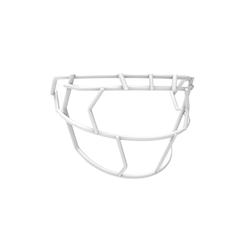 SCHUTT F7 EGOP VI-NB-VC football facemask in white with single diagonal eye bar and extended lower guard, displayed on a white background.