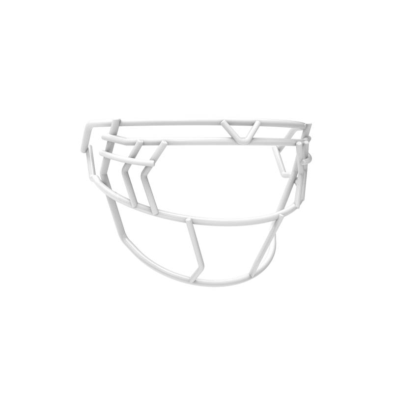 SCHUTT F7 EGOP V-NB-VC football facemask in white featuring double diagonal eye bars and reinforced upper brow bar, shown on a white background.