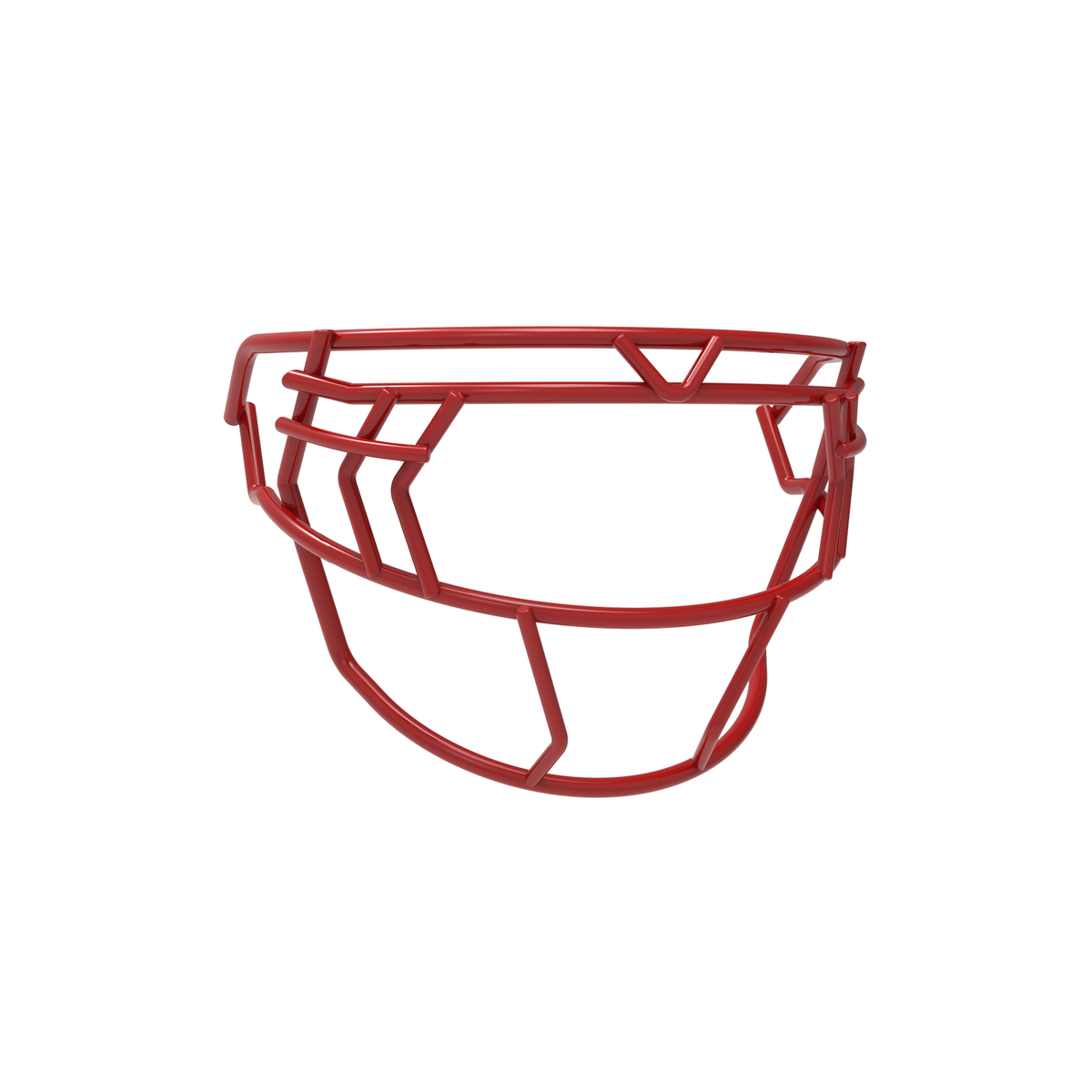 SCHUTT F7 EGOP V-NB-VC football facemask in scarlet featuring double diagonal eye bars and reinforced upper brow bar, shown on a white background.