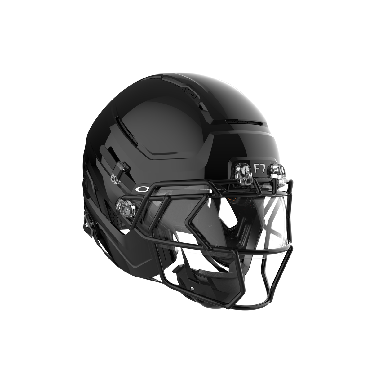 SCHUTT F7 Pro football helmet in gloss black with black facemask and black chinstrap, shown in angled side view on a white background.