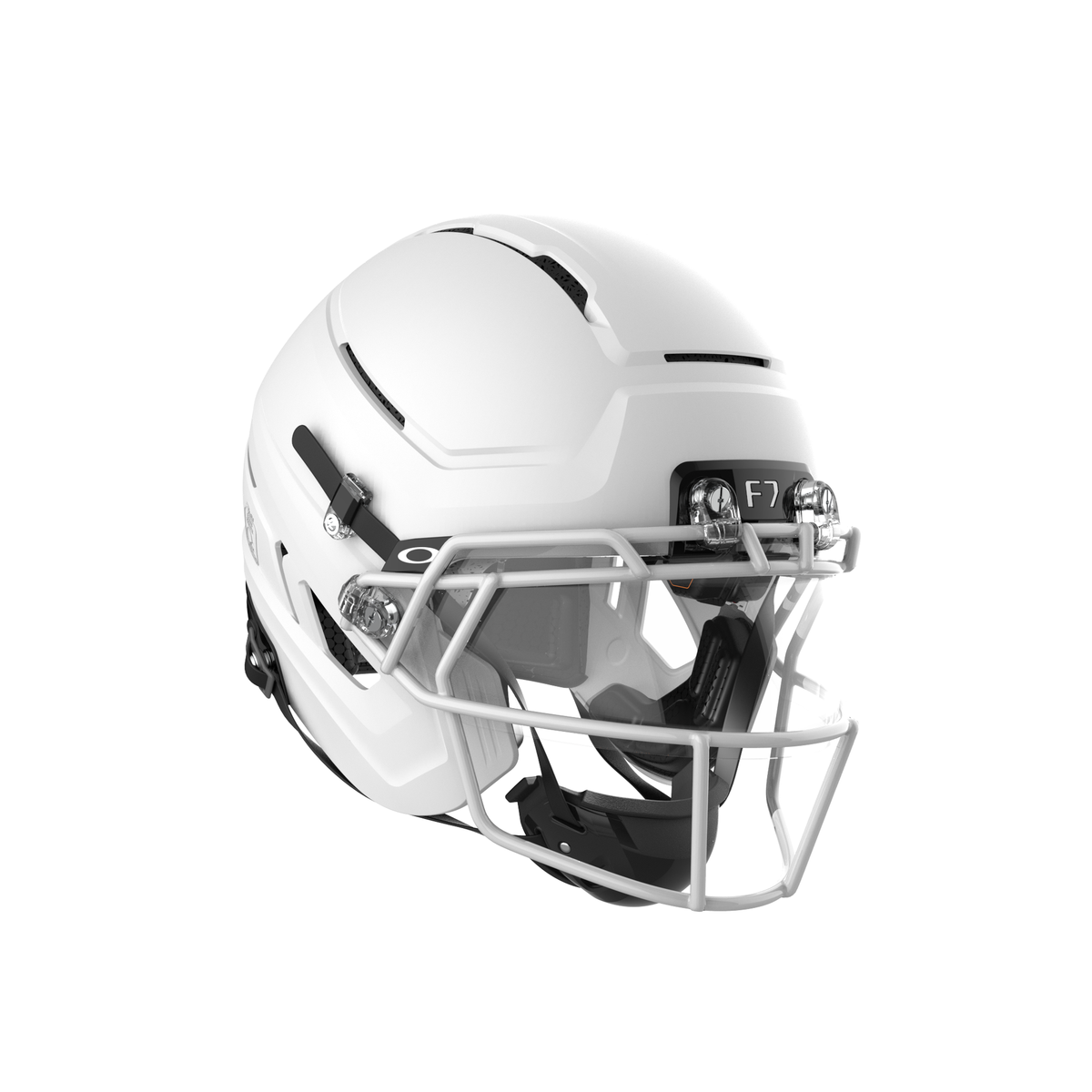 SCHUTT F7 Pro football helmet in matte white with white facemask and black chinstrap, shown in angled side view on a white background.