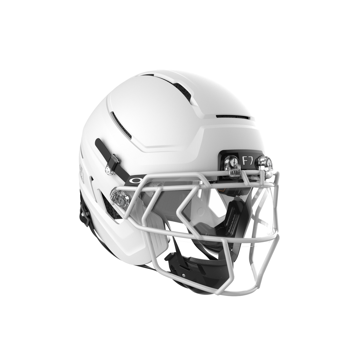 SCHUTT F7 Pro football helmet in matte white with white facemask and black chinstrap, shown in angled side view on a white background.