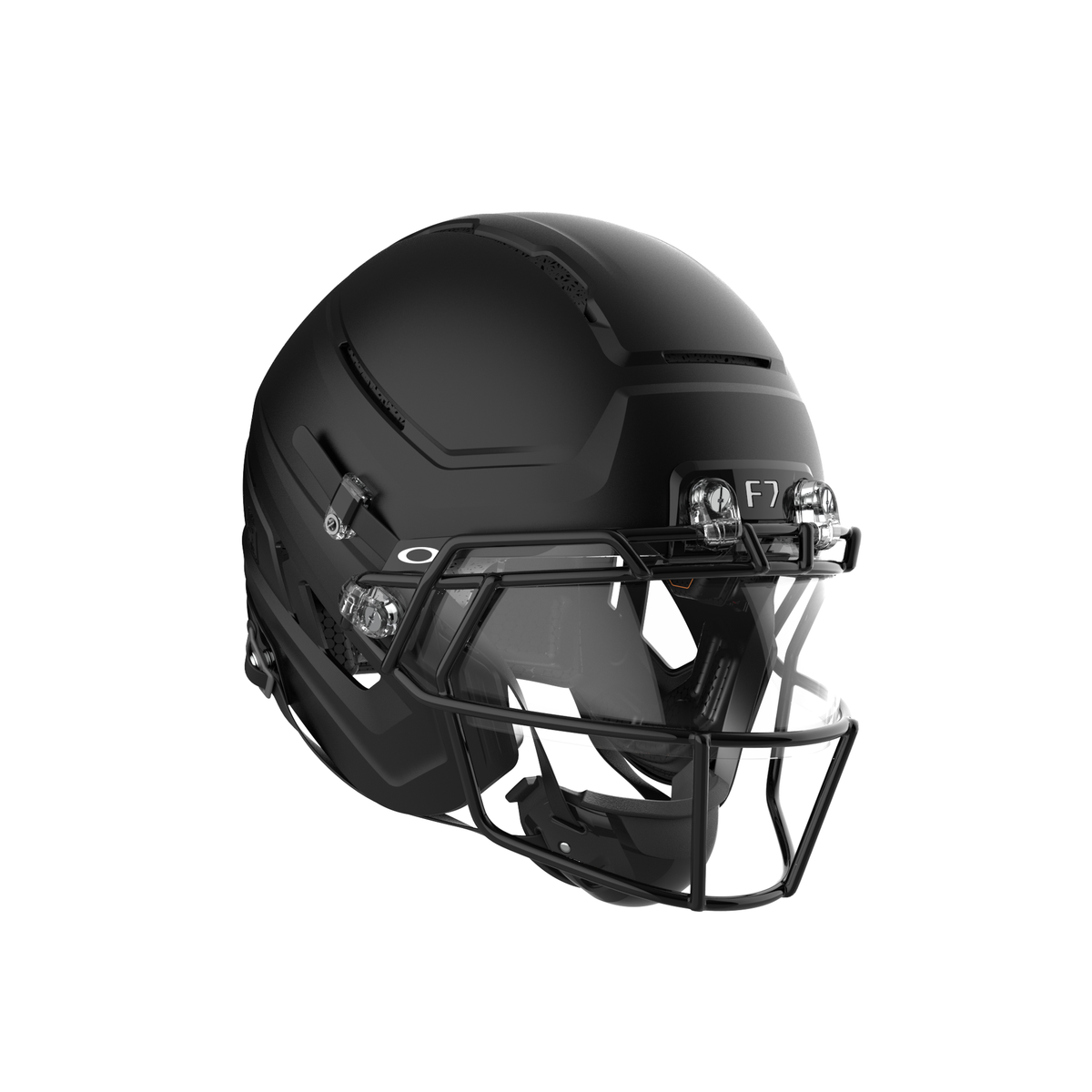 SCHUTT F7 Pro football helmet in matte black with black facemask and black chinstrap, shown in angled side view on a white background.