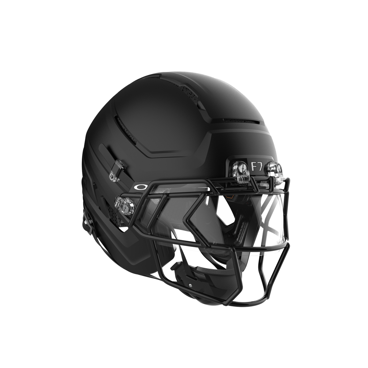SCHUTT F7 Pro football helmet in matte black with black facemask and black chinstrap, shown in angled side view on a white background.