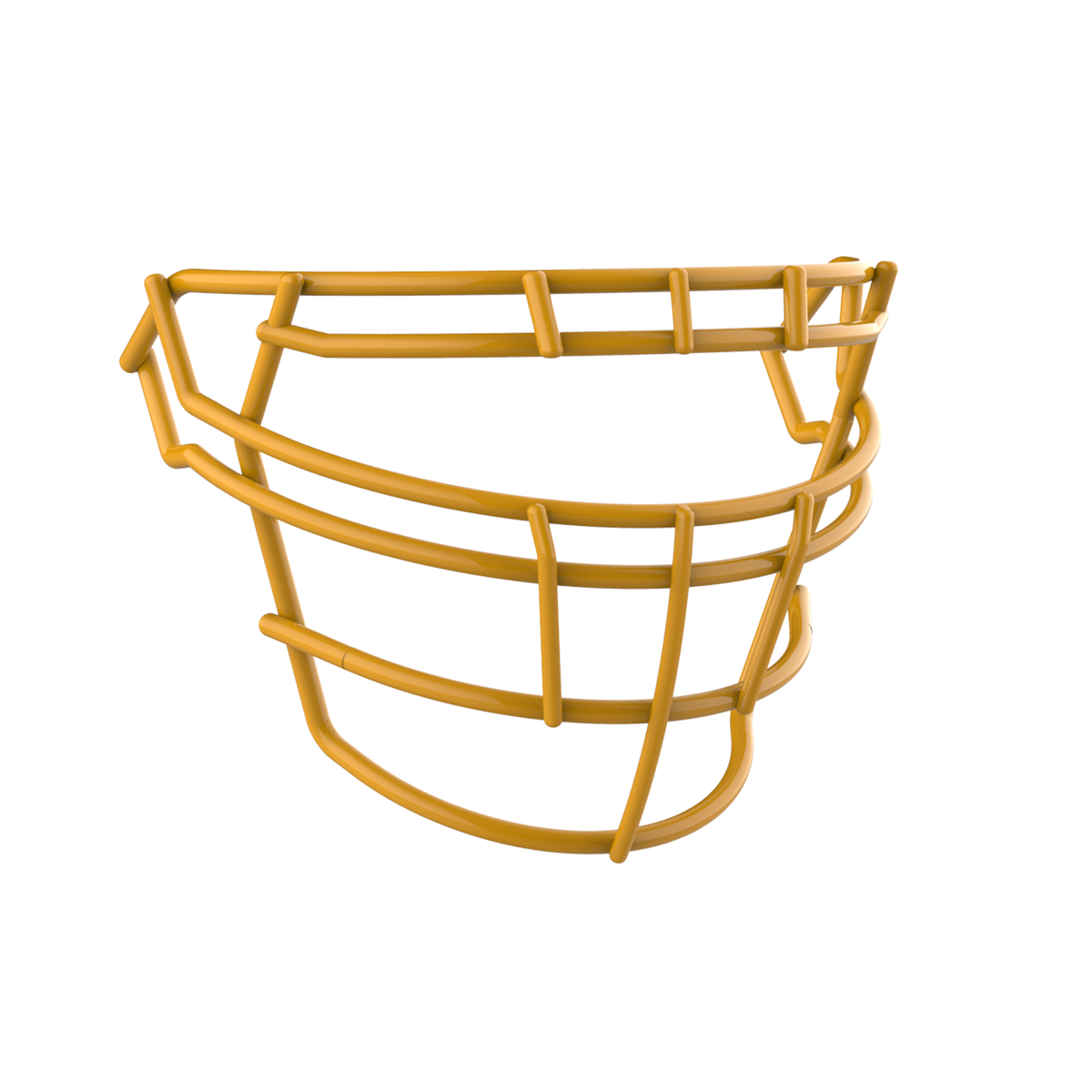 SCHUTT F7 RJOP-DW-NB football facemask in gold finish, featuring reinforced double horizontal bars and extended lower guard, shown on a white background.