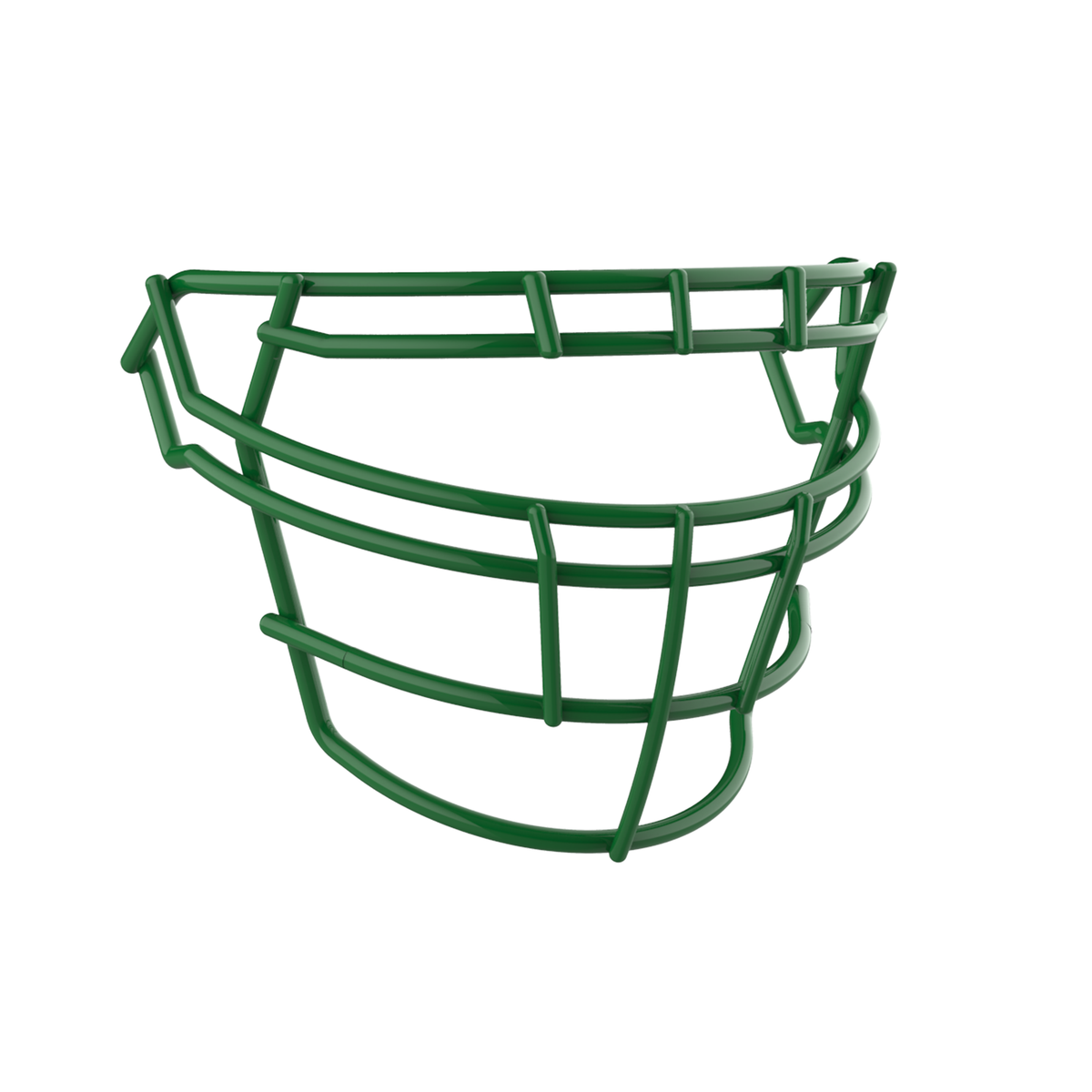 SCHUTT F7 RJOP-DW-NB football facemask in kelly green finish, featuring reinforced double horizontal bars and extended lower guard, shown on a white background.