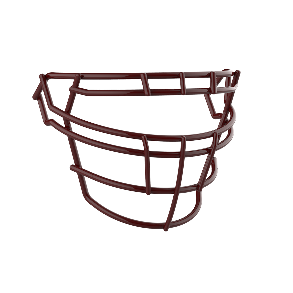 SCHUTT F7 RJOP-DW-NB football facemask in maroon finish, featuring reinforced double horizontal bars and extended lower guard, shown on a white background.