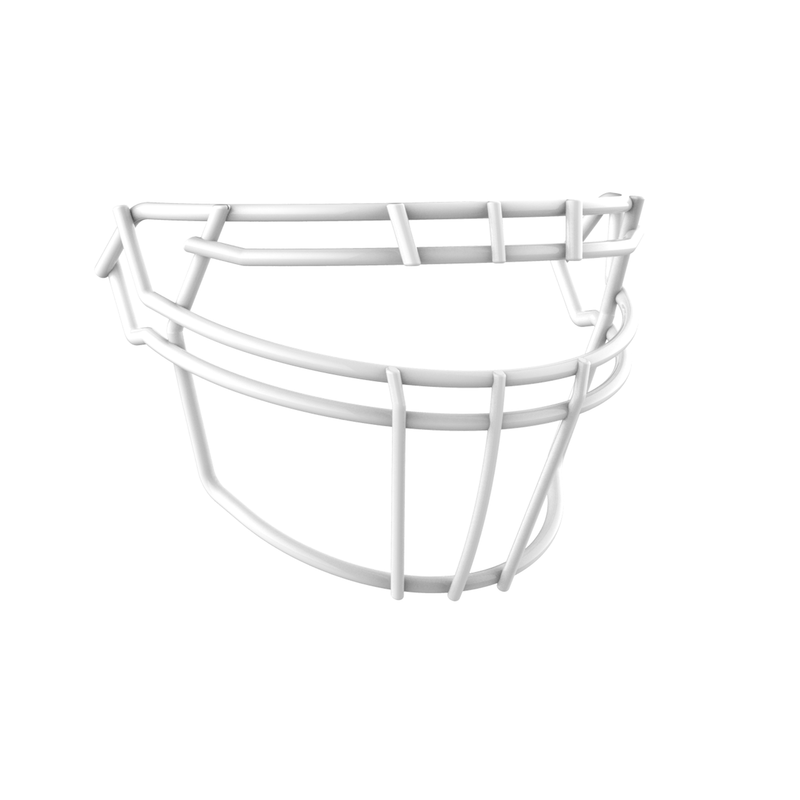 SCHUTT F7 ROPO-DW-NB-VC football facemask in white finish, featuring double upper bars, multiple vertical supports, and extended lower guard, shown on a white background.