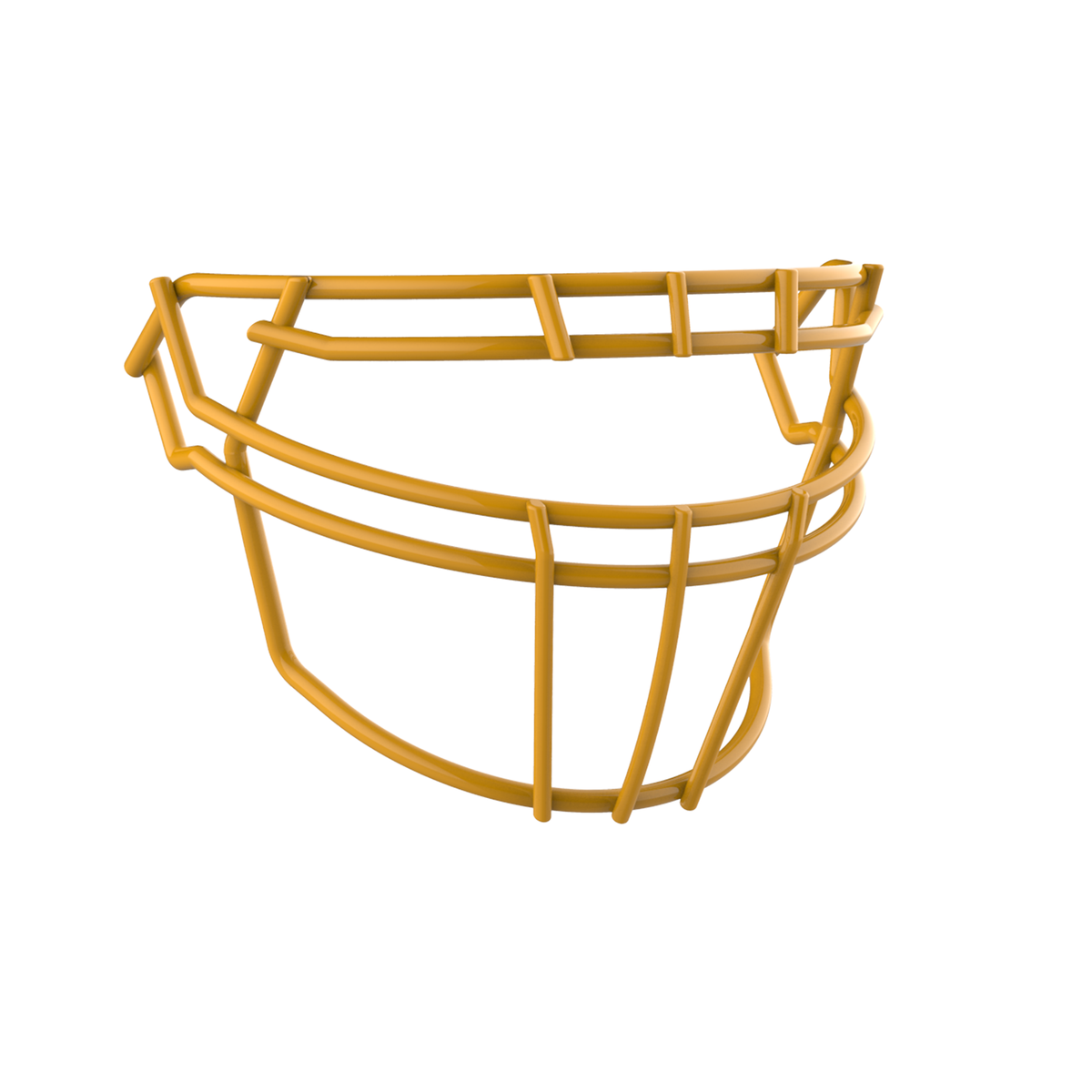SCHUTT F7 ROPO-DW-NB-VC football facemask in gold finish, featuring double upper bars, multiple vertical supports, and extended lower guard, shown on a white background.