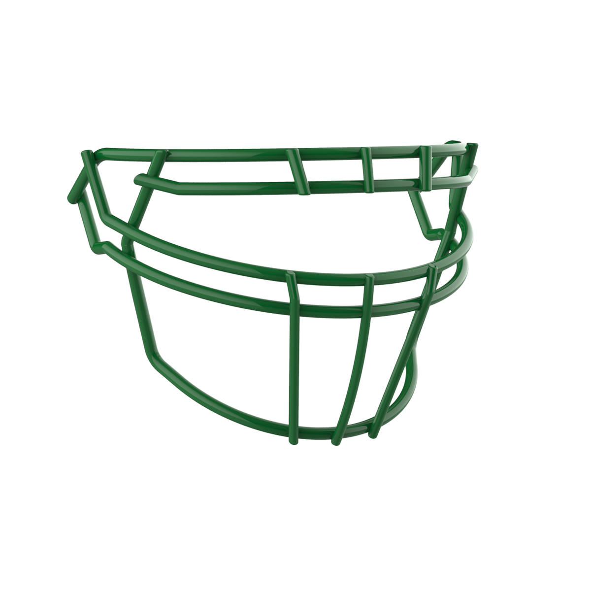 SCHUTT F7 ROPO-DW-NB-VC football facemask in kelly green finish, featuring double upper bars, multiple vertical supports, and extended lower guard, shown on a white background.