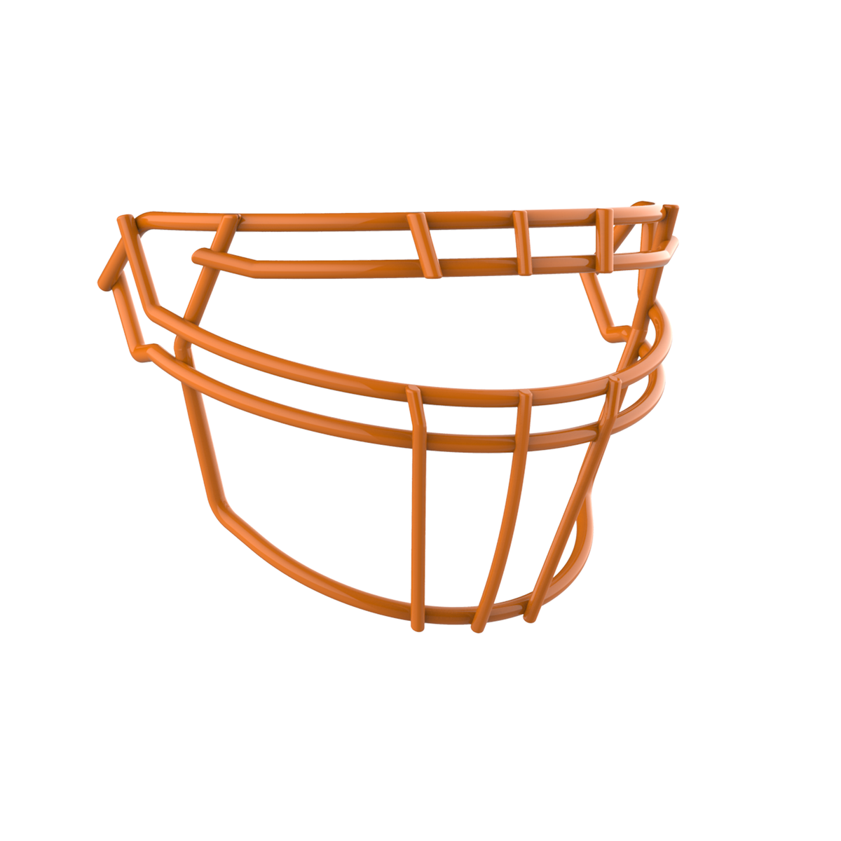 SCHUTT F7 ROPO-DW-NB-VC football facemask in orange finish, featuring double upper bars, multiple vertical supports, and extended lower guard, shown on a white background.