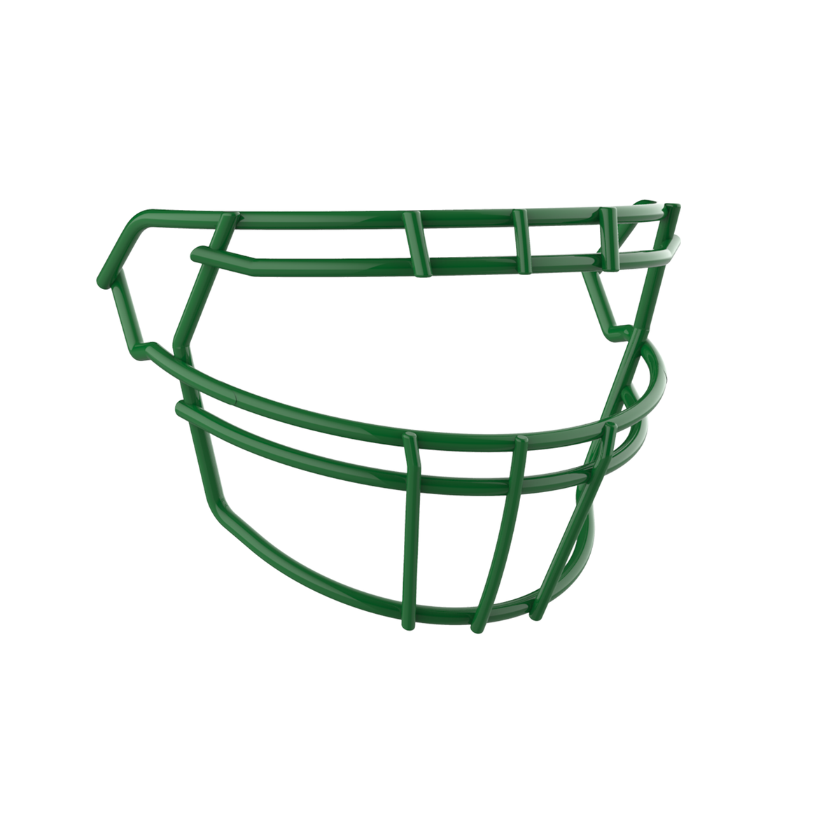 SCHUTT F7 ROPO-DW-O-NB-VC football facemask in kelly green finish, featuring double upper bars, offset eye protection design, and extended lower guard, shown on a white background.