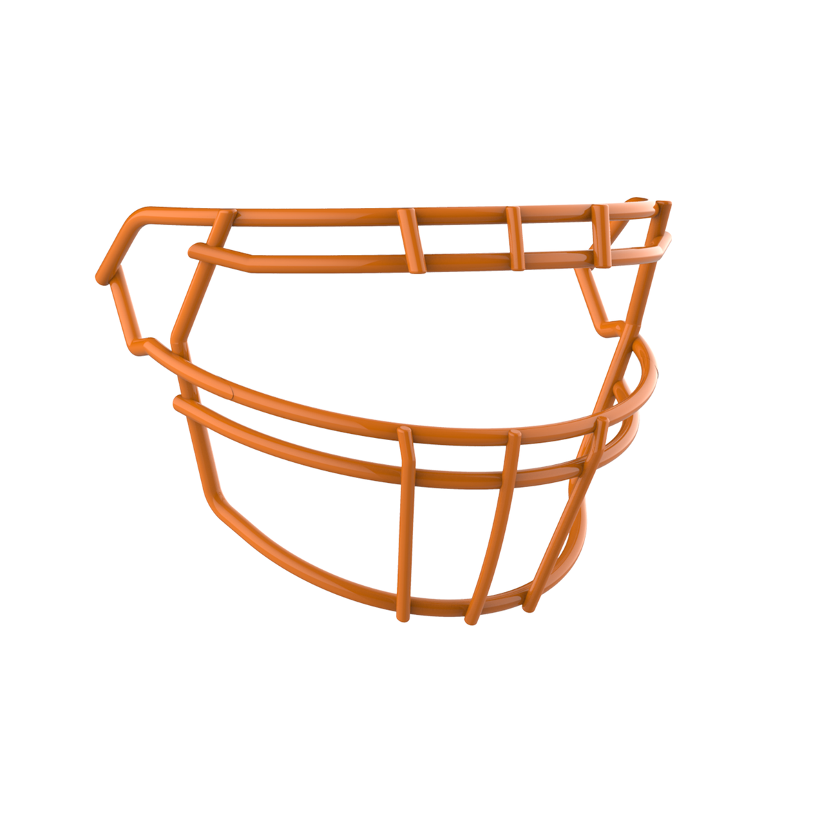 SCHUTT F7 ROPO-DW-O-NB-VC football facemask in orange finish, featuring double upper bars, offset eye protection design, and extended lower guard, shown on a white background.