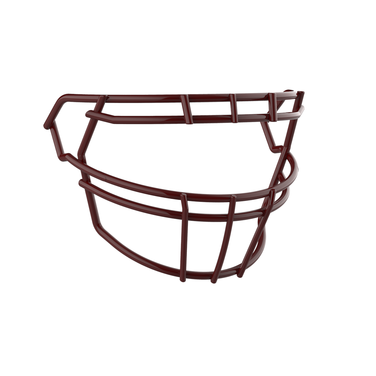 SCHUTT F7 ROPO-DW-O-NB-VC football facemask in maroon finish, featuring double upper bars, offset eye protection design, and extended lower guard, shown on a white background.