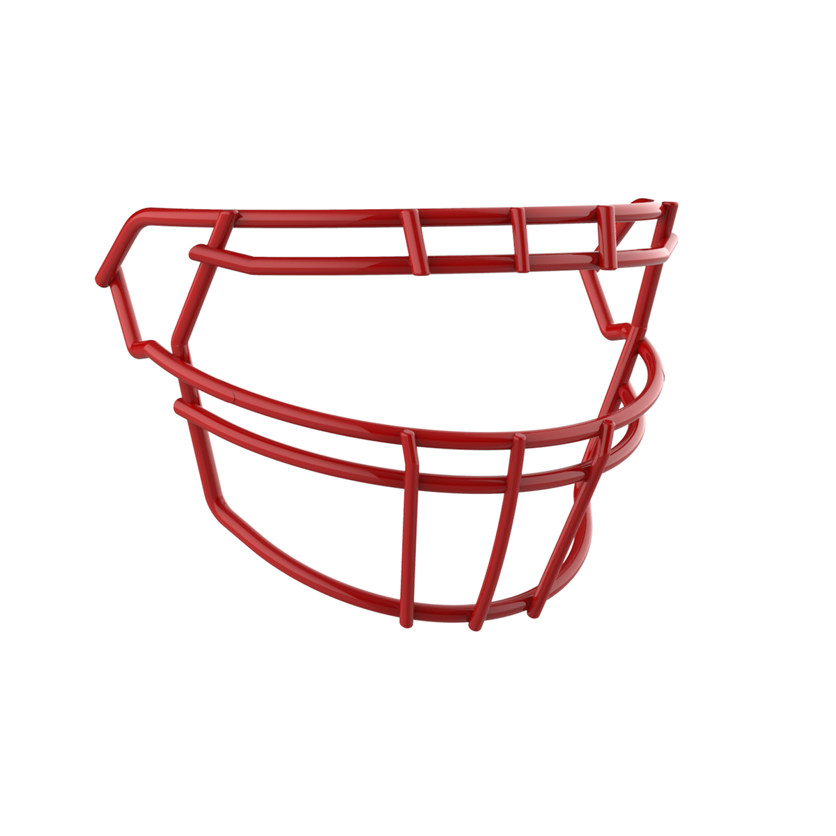 SCHUTT F7 ROPO-DW-O-NB-VC football facemask in scarlet finish, featuring double upper bars, offset eye protection design, and extended lower guard, shown on a white background.