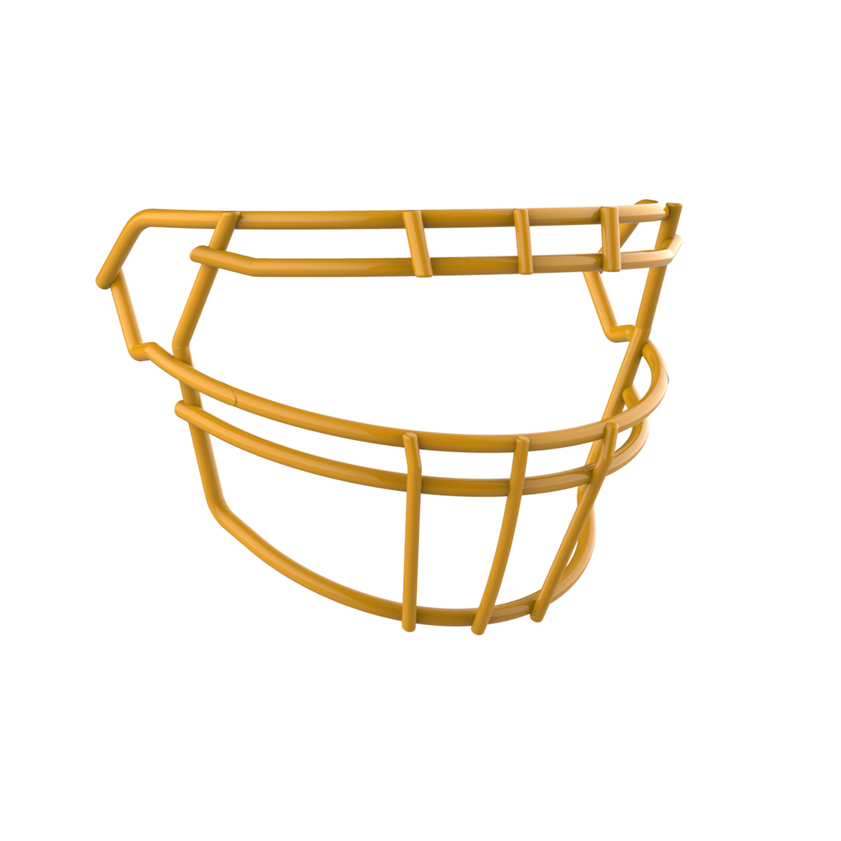 SCHUTT F7 ROPO-DW-O-NB-VC football facemask in gold finish, featuring double upper bars, offset eye protection design, and extended lower guard, shown on a white background.