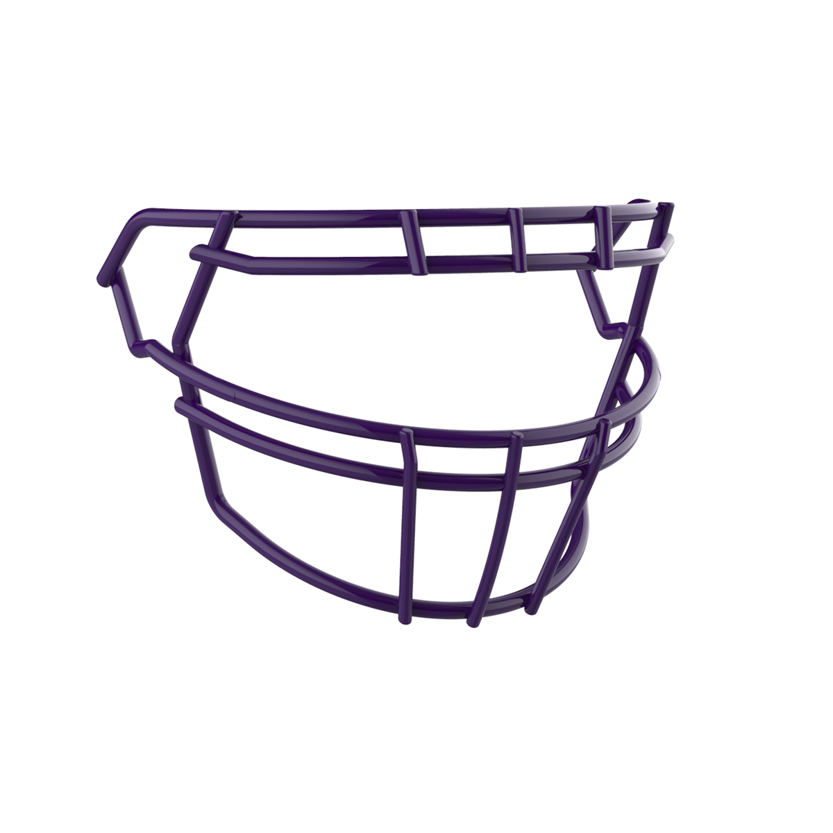 SCHUTT F7 ROPO-DW-O-NB-VC football facemask in purple finish, featuring double upper bars, offset eye protection design, and extended lower guard, shown on a white background.