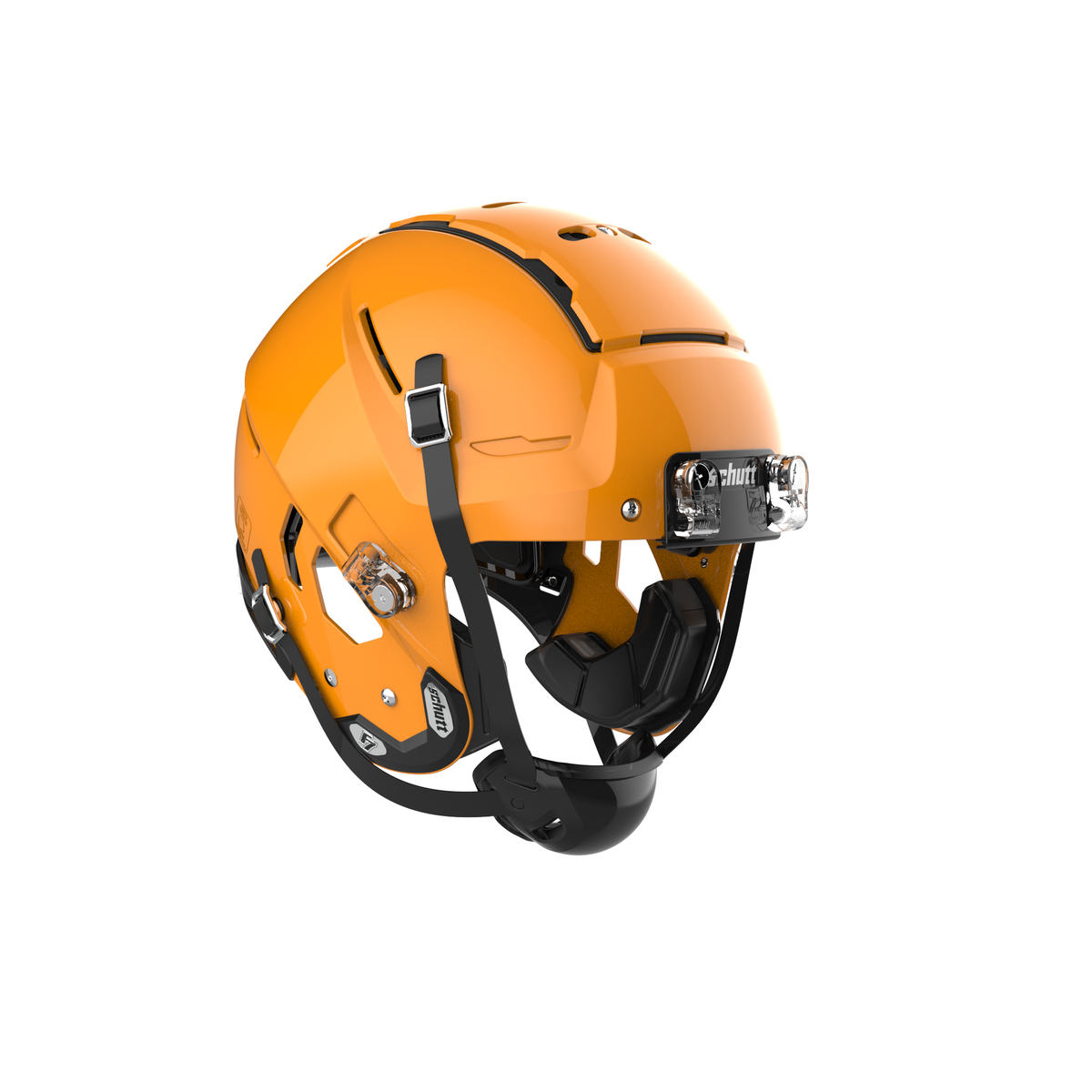 SCHUTT F7 VTD Professional football helmet in gloss gold without facemask, featuring black chinstrap, interior padding, and front bumper with Schutt branding, shown on a white background.