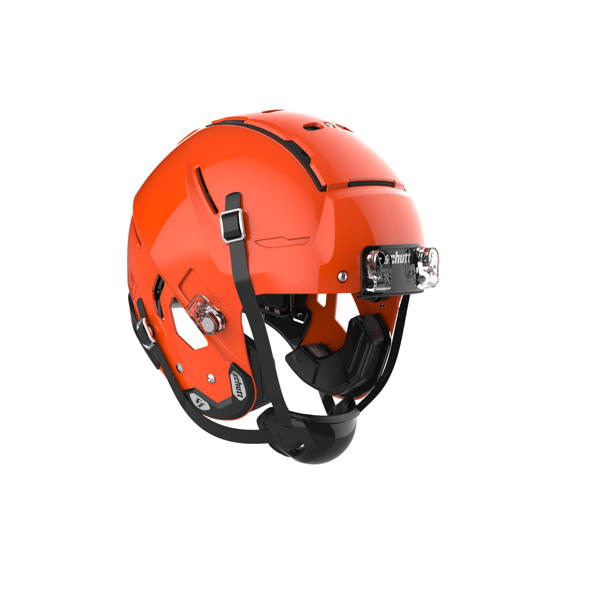 SCHUTT F7 VTD Professional football helmet in gloss orange without facemask, featuring black chinstrap, interior padding, and front bumper with Schutt branding, shown on a white background.