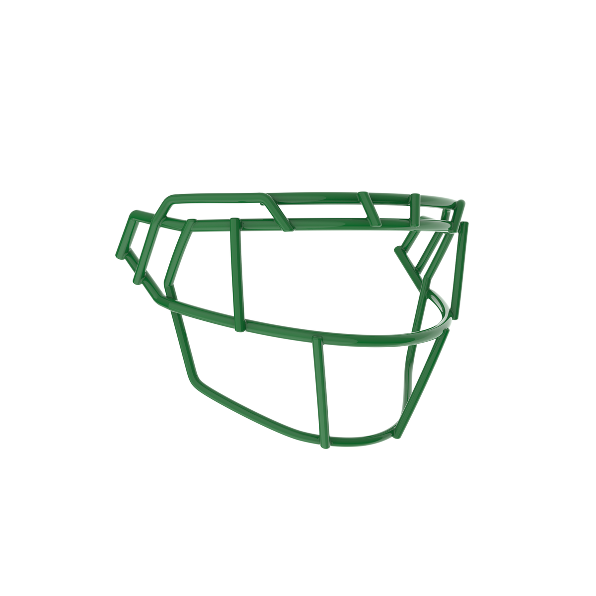 SCHUTT F7X-EGOP football facemask in kelly green finish, featuring extended eye guard design with multiple vertical bars and reinforced lower guard, shown on a white background.