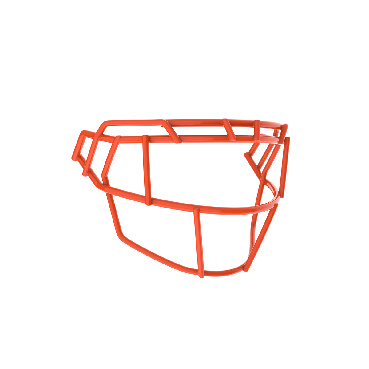 SCHUTT F7X-EGOP football facemask in orange finish, featuring extended eye guard design with multiple vertical bars and reinforced lower guard, shown on a white background.