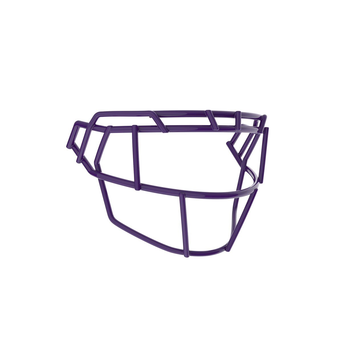 SCHUTT F7X-EGOP football facemask in purple finish, featuring extended eye guard design with multiple vertical bars and reinforced lower guard, shown on a white background.
