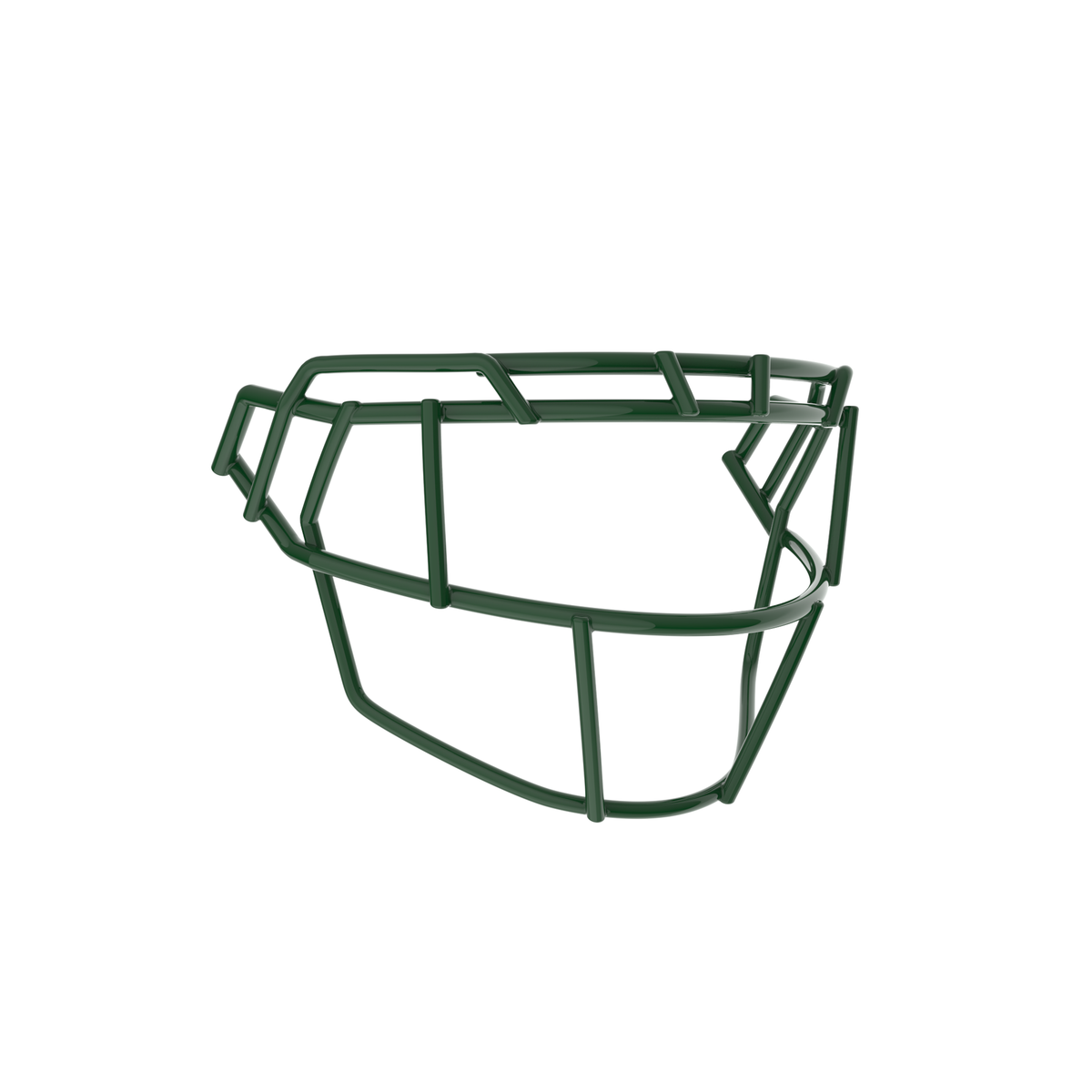 SCHUTT F7X-EGOP football facemask in dark green finish, featuring extended eye guard design with multiple vertical bars and reinforced lower guard, shown on a white background.