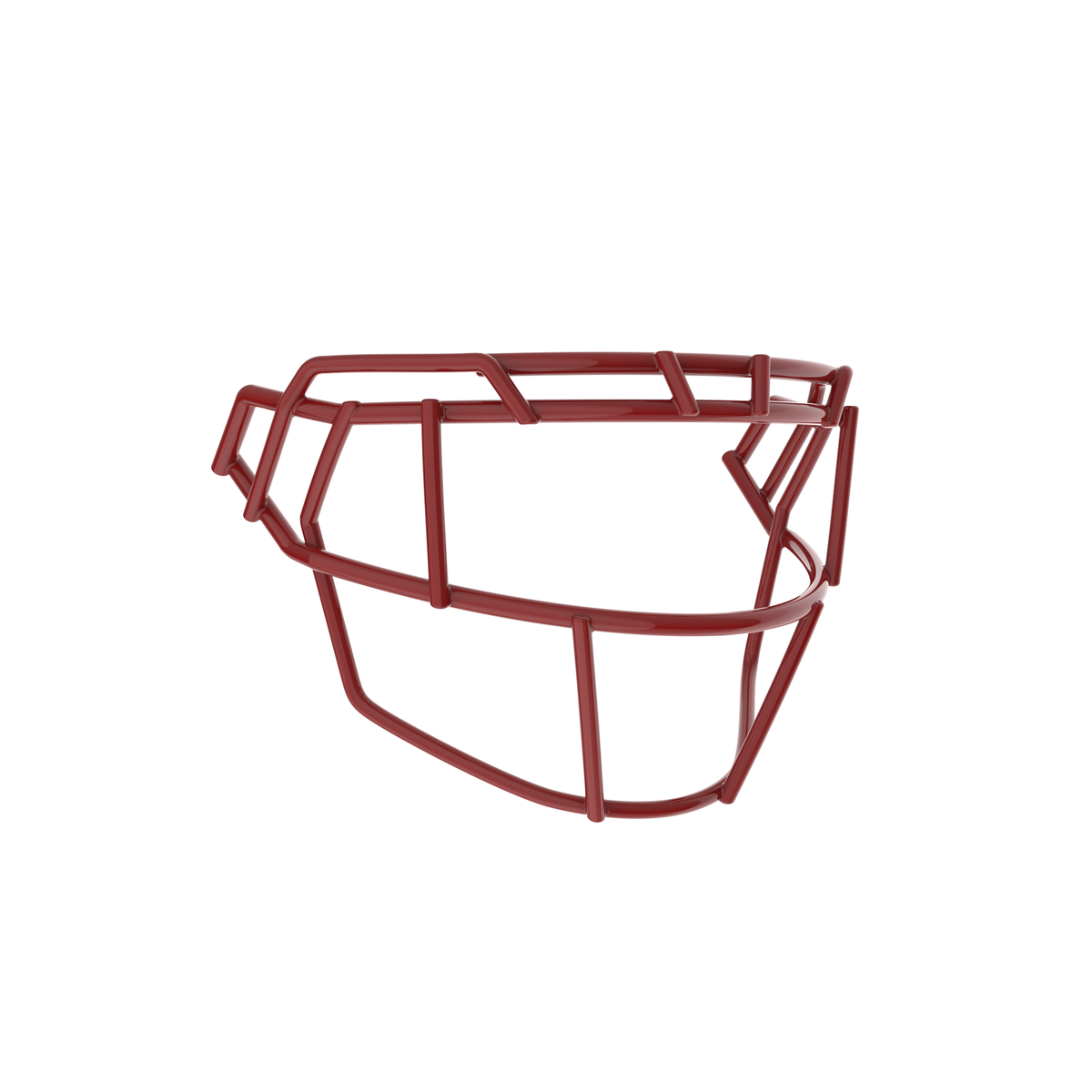 SCHUTT F7X-EGOP football facemask in cardinal finish, featuring extended eye guard design with multiple vertical bars and reinforced lower guard, shown on a white background.