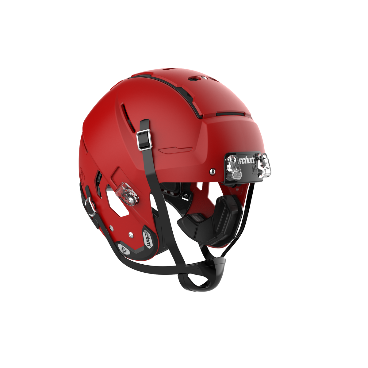 SCHUTT Youth F7 LX1 football helmet in matte scarlet with black chinstrap, shown without facemask on a white background.